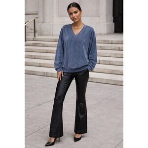 Christian Dior VTG Velour Sweatshirt 90s V-Neck Blue Plush Gold Embroidered Logo